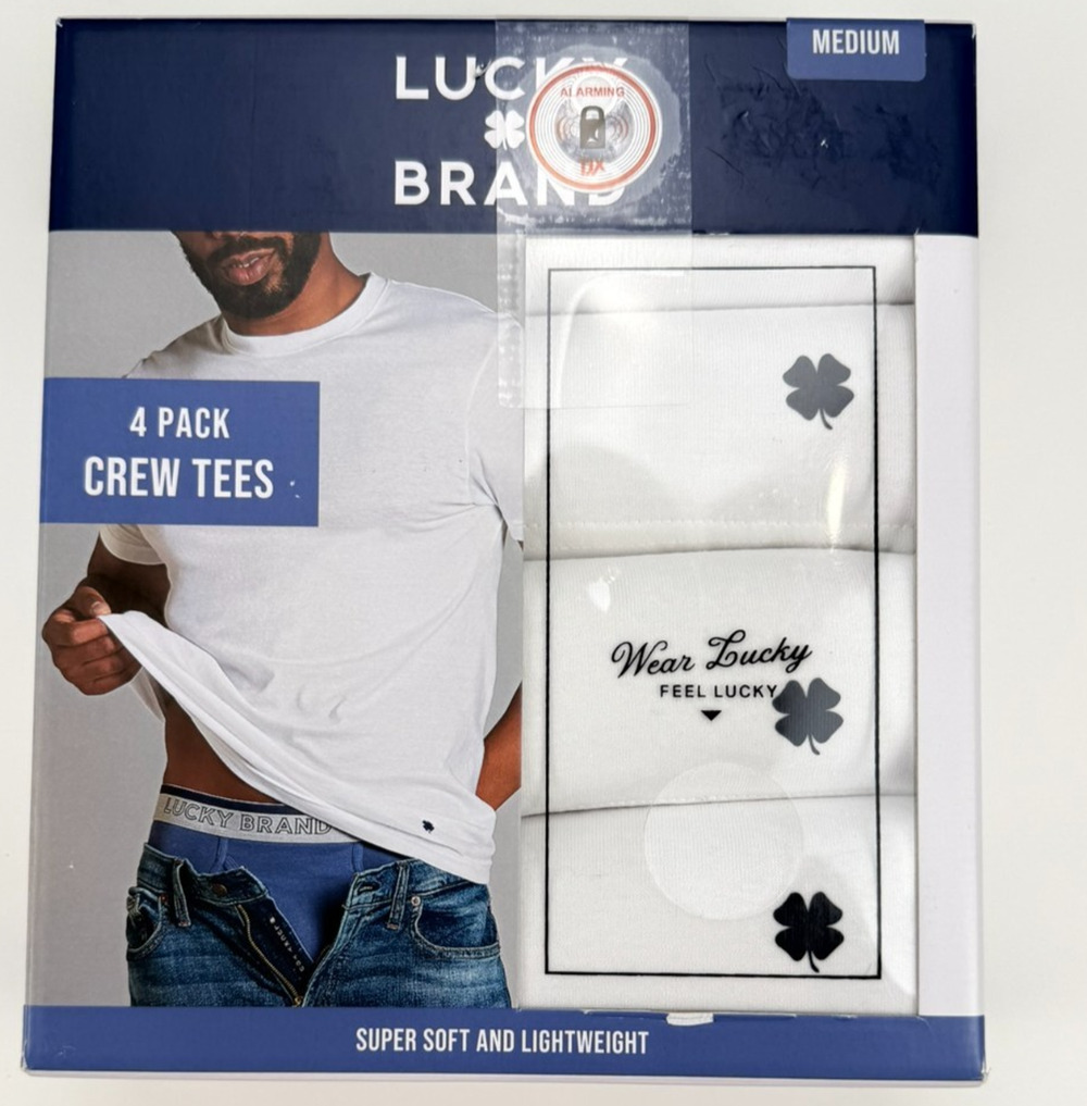 4 PACK LUCKY BRAND WHITE CREW TEES SUPER SOFT LIGHT WEIGHT SZ MEDIUM NWT
